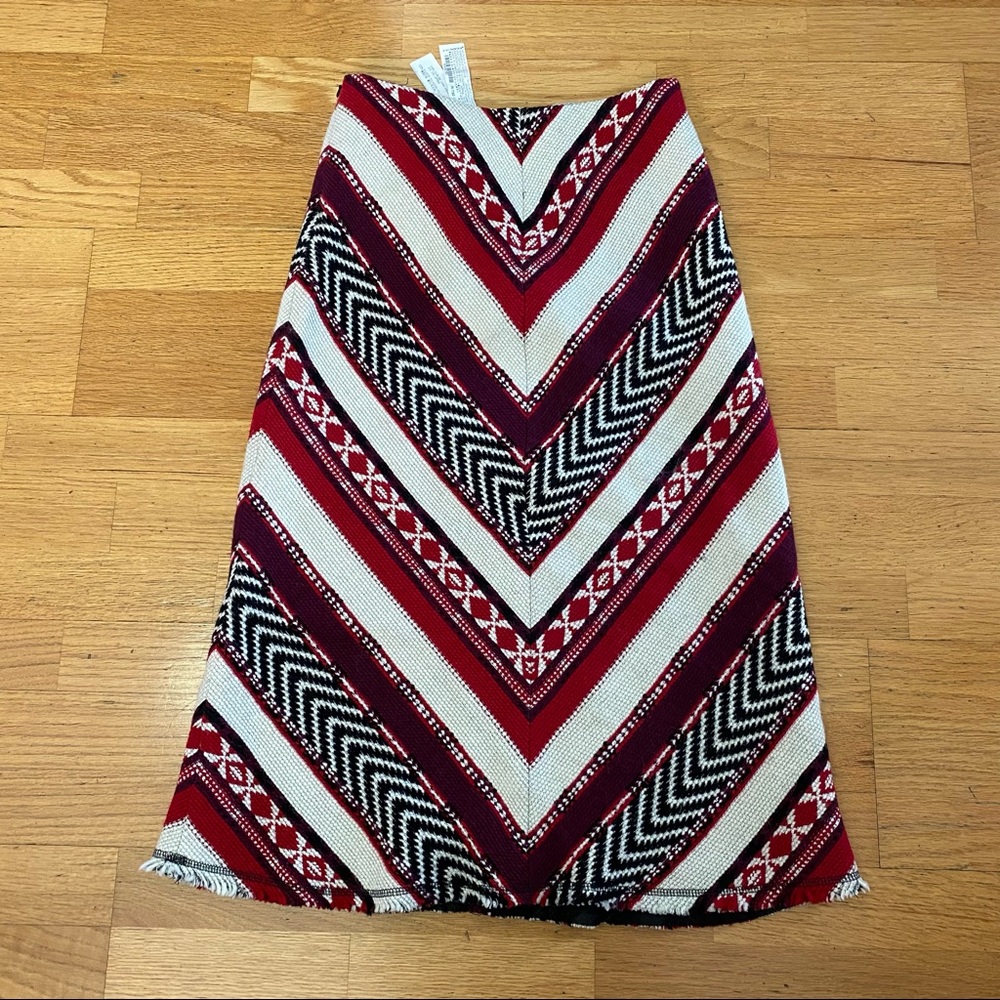Zara Woman Mixed Pattern Chevron Fringe Hem A-line Midi Skirt - Picture 2 of 4
